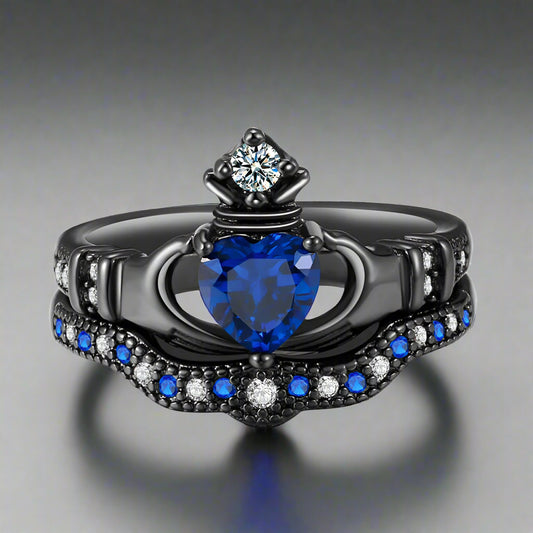 Nocturne Sapphire – Gothic Black Crown Ring Set
