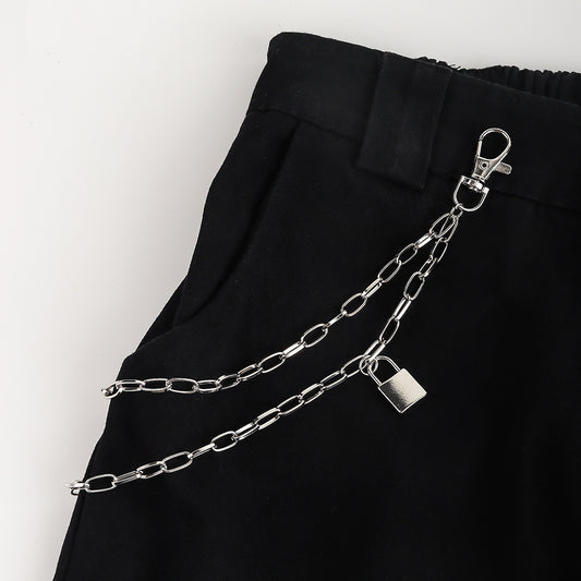 Double Metal Lockhead Chain Hip Hop Men And Women With Silver Punk Hollowed-out Chain Bundy Hip Hop Jeans Accessories