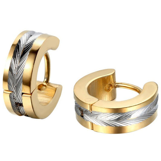 Men's Stainless Steel Leaf Inlay Hoop Earrings