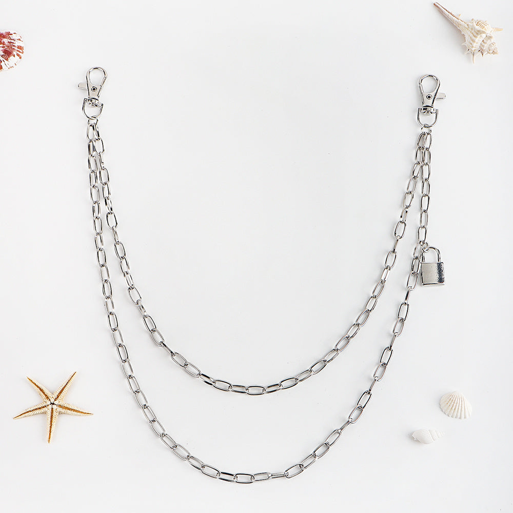 Double Metal Lockhead Chain Hip Hop Men And Women With Silver Punk Hollowed-out Chain Bundy Hip Hop Jeans Accessories
