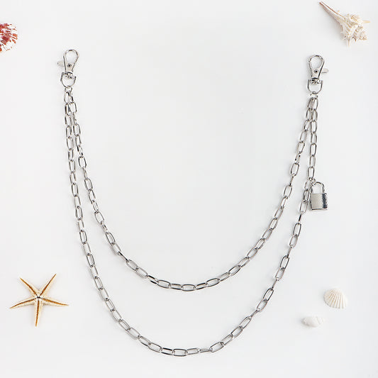 Double Metal Lockhead Chain Hip Hop Men And Women With Silver Punk Hollowed-out Chain Bundy Hip Hop Jeans Accessories