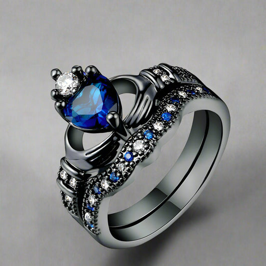 Nocturne Sapphire – Gothic Black Crown Ring Set