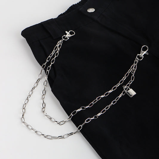 Double Metal Lockhead Chain Hip Hop Men And Women With Silver Punk Hollowed-out Chain Bundy Hip Hop Jeans Accessories