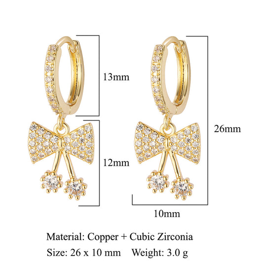 Elegant Cherry Bow Zircon Stud Earrings – Copper Finish for Women