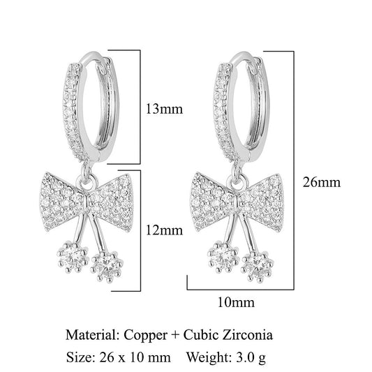 Elegant Cherry Bow Zircon Stud Earrings – Copper Finish for Women