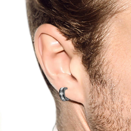 Men's Stainless Steel Leaf Inlay Hoop Earrings