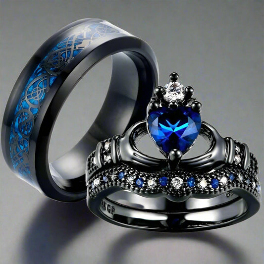 Nocturne Sapphire – Gothic Black Crown Ring Set