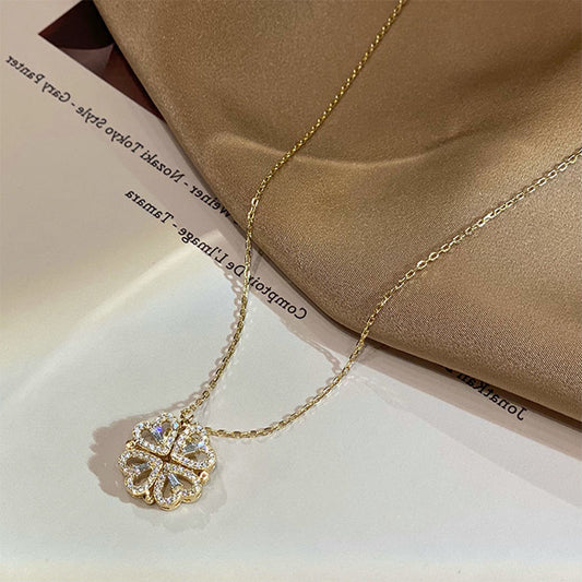 Four-Leaf Clover Heart Necklace – Magnetic Folding Pendant, Romantic Gift for Her