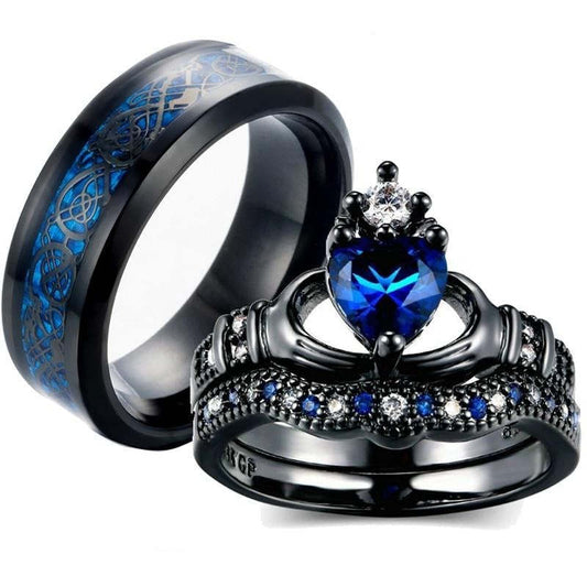 Nocturne Sapphire – Gothic Black Crown Ring Set