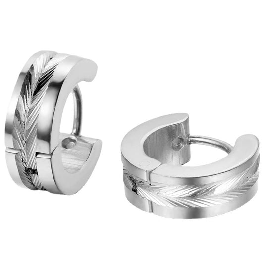 Men's Stainless Steel Leaf Inlay Hoop Earrings