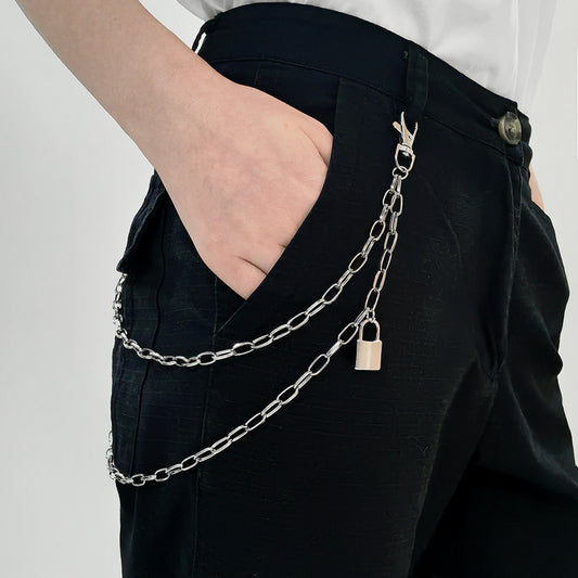 Double Metal Lockhead Chain Hip Hop Men And Women With Silver Punk Hollowed-out Chain Bundy Hip Hop Jeans Accessories