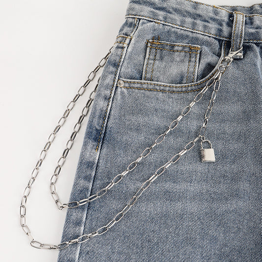Double Metal Lockhead Chain Hip Hop Men And Women With Silver Punk Hollowed-out Chain Bundy Hip Hop Jeans Accessories
